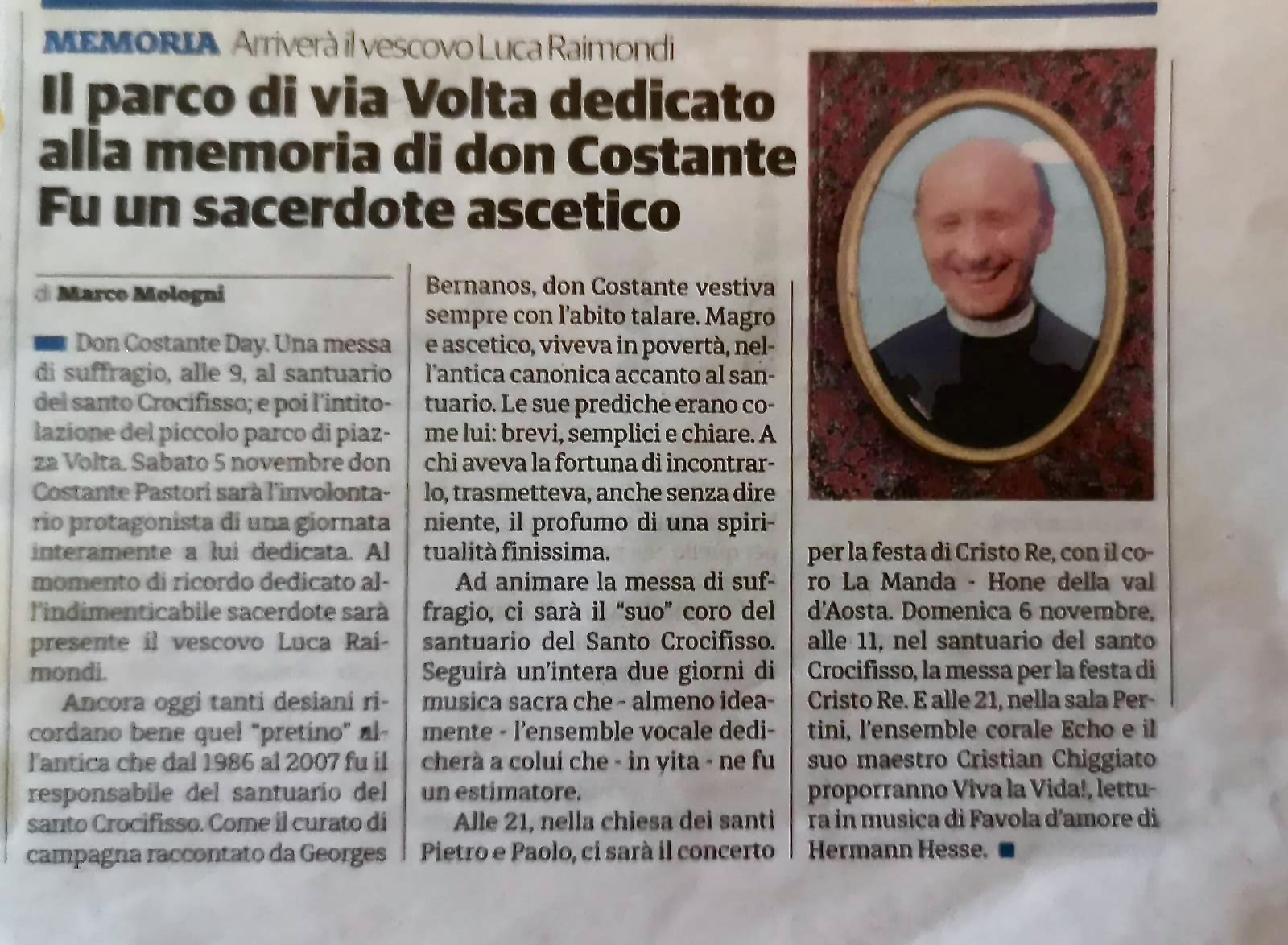 Il Coro Santuario del Crocifisso ha partecipato alla Santa Messa in memoria di Don Costante Pastori, persona alla quale la nostra Associazione è molto legata e a cui è stato intitolato il piccolo parco giochi di piazza Volta a Desio.